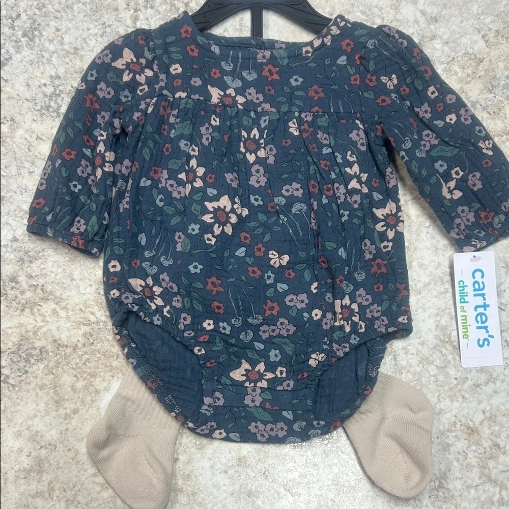 Carter's Navy Floral Baby Bodysuit with Beige footed leggings